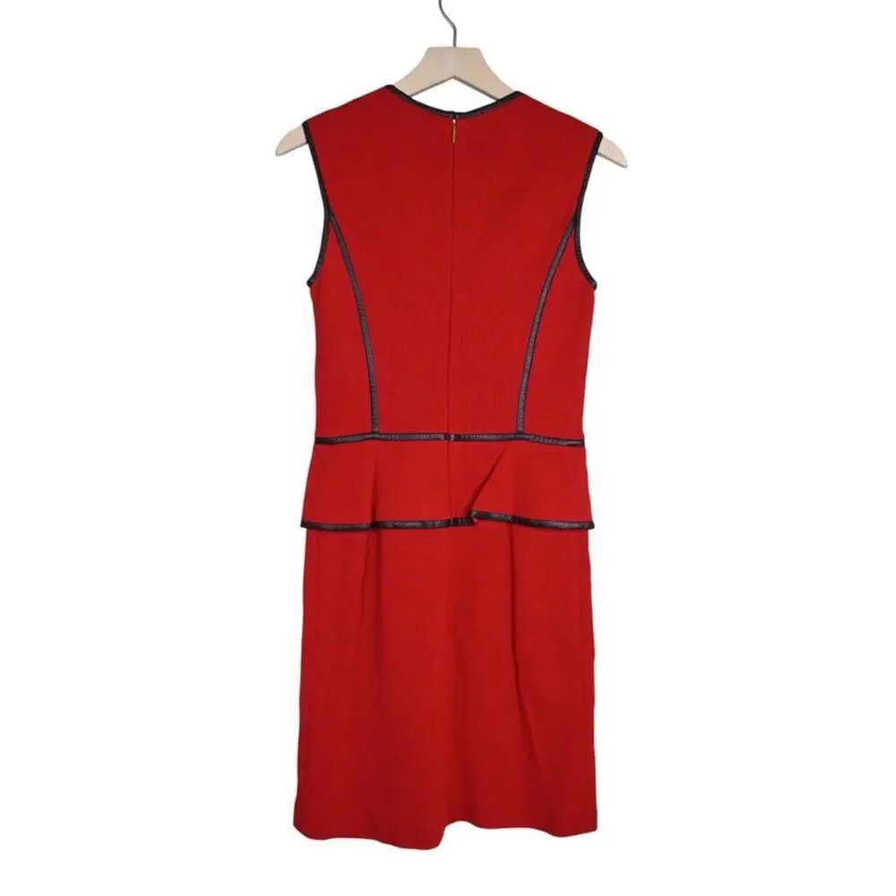 Tory Burch Womens XS Red Wool Blend Sheath Dress with Leather Trim